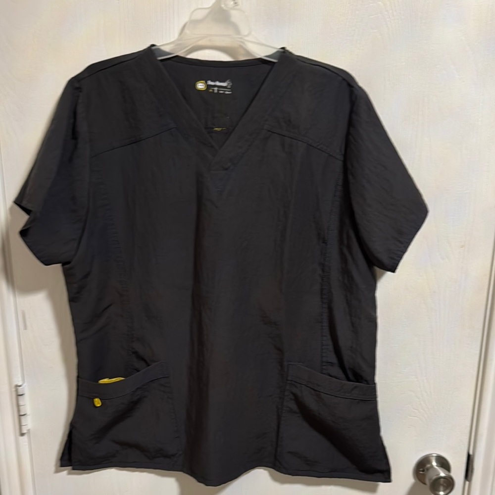 Four-Stretch Women's XL Scrub Top Nursing Short Sleeve Pockets V-Neck Gray Comfy